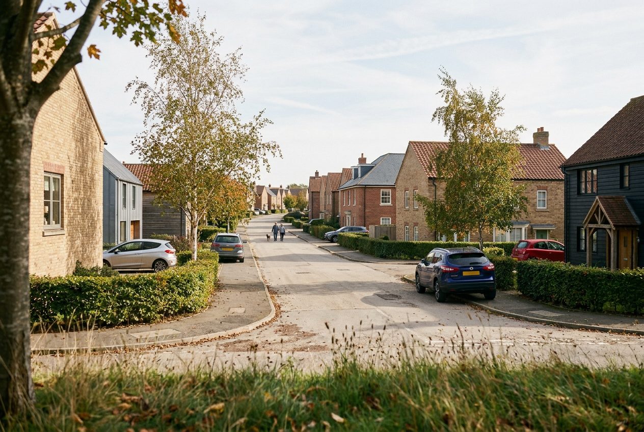 Photographic street view generated from the same masterplan: a new residential street of brick, buff-brick and timber-clad homes