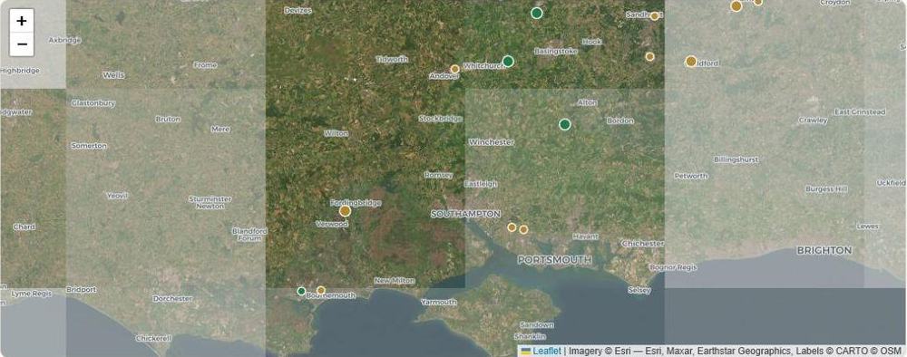 Map of southern England with qualified sites plotted